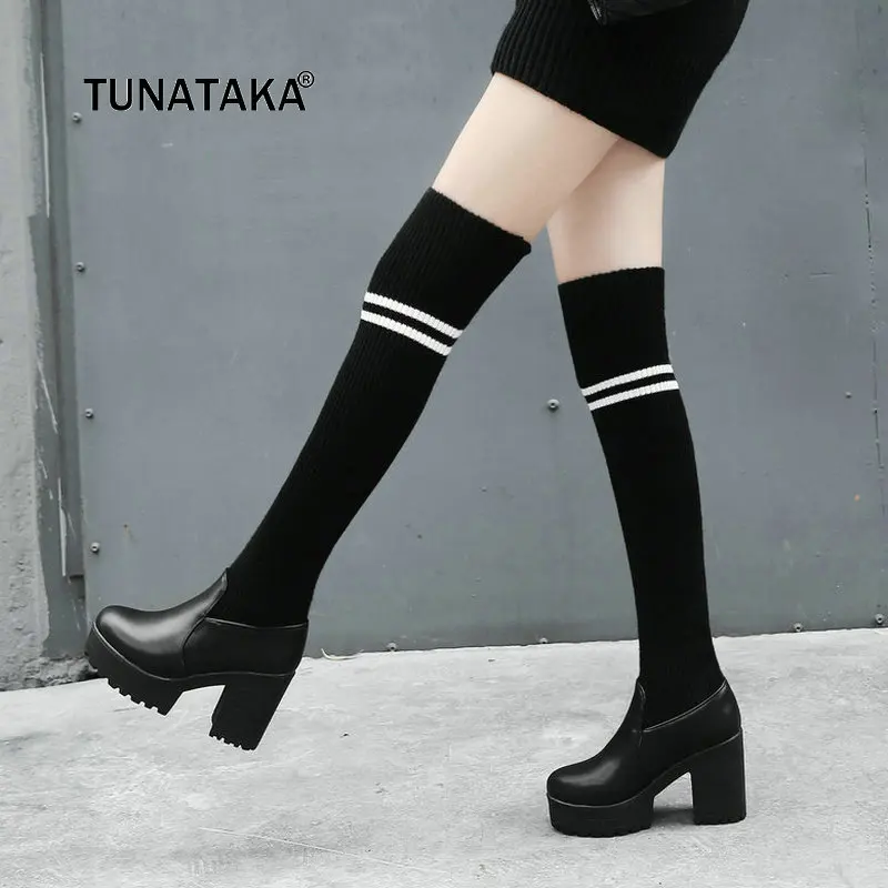 

Women Genuine Leather Thick High Heel Comfort Platform Over The Knee Boots Fashion Round Toe Stretch Sock Boots Black White