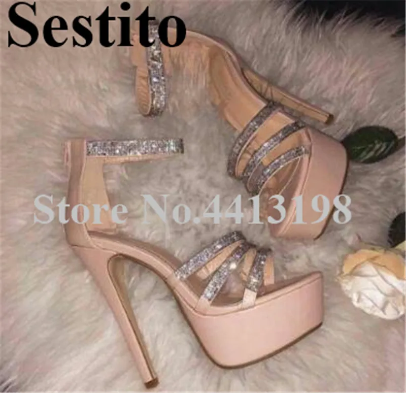 

Fashion Solid Narrow Band Rhinestone Decoration Shoes Peep Toe Stiletto Heels Platform Sandals Ankle Strap Summer Women Shoes