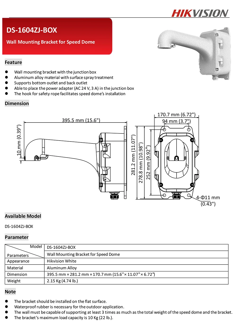 Hik Поддержка камеры видеонаблюдения DS-1604ZJ-BOX настенный кронштейн с коробкой для скоростной купольной камеры