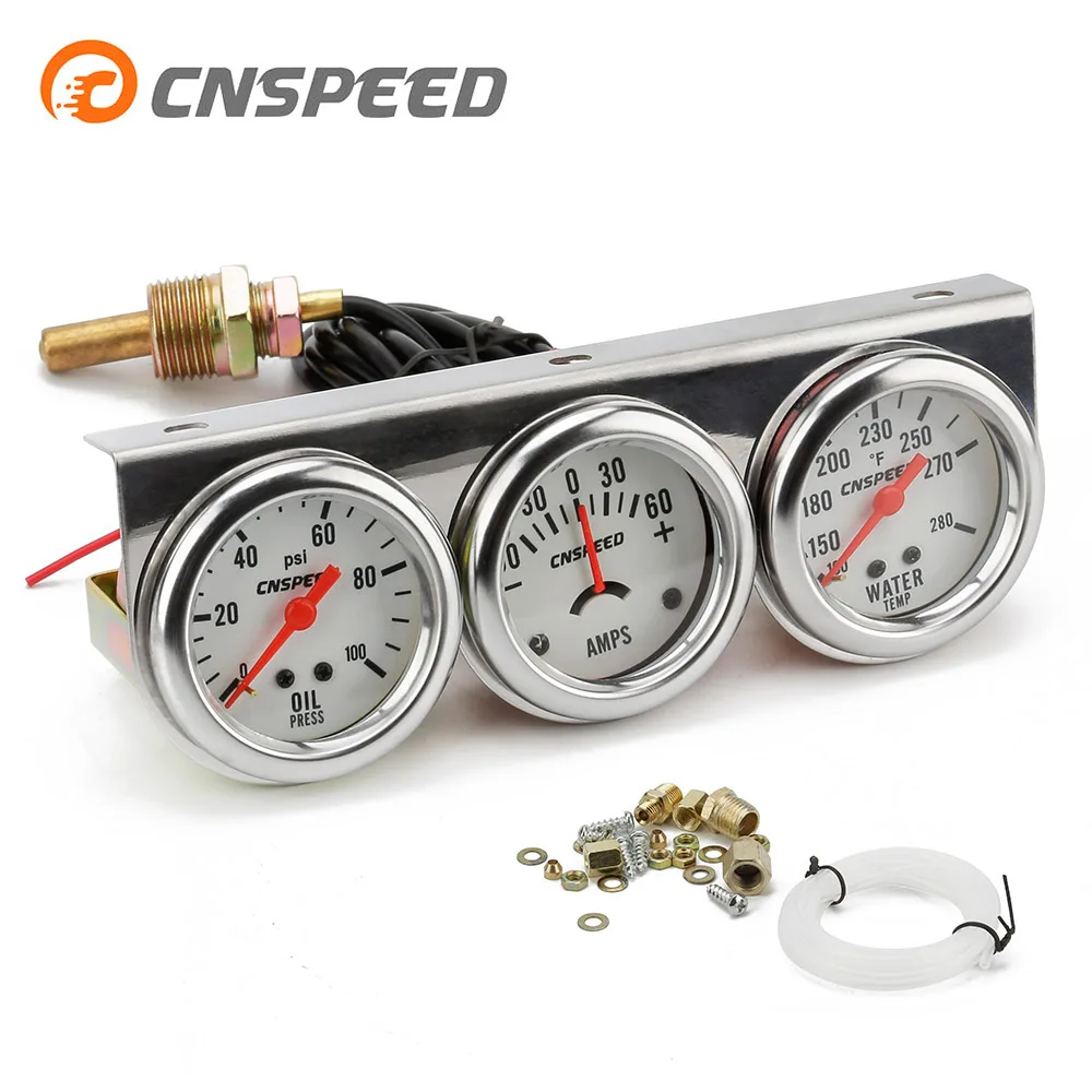 

CNSPEED 2inch Chrome Panel Oil Pressure gauge Water Temp gauge Amp Meter Triple Gauge kit Set White Face Car meter YC101323