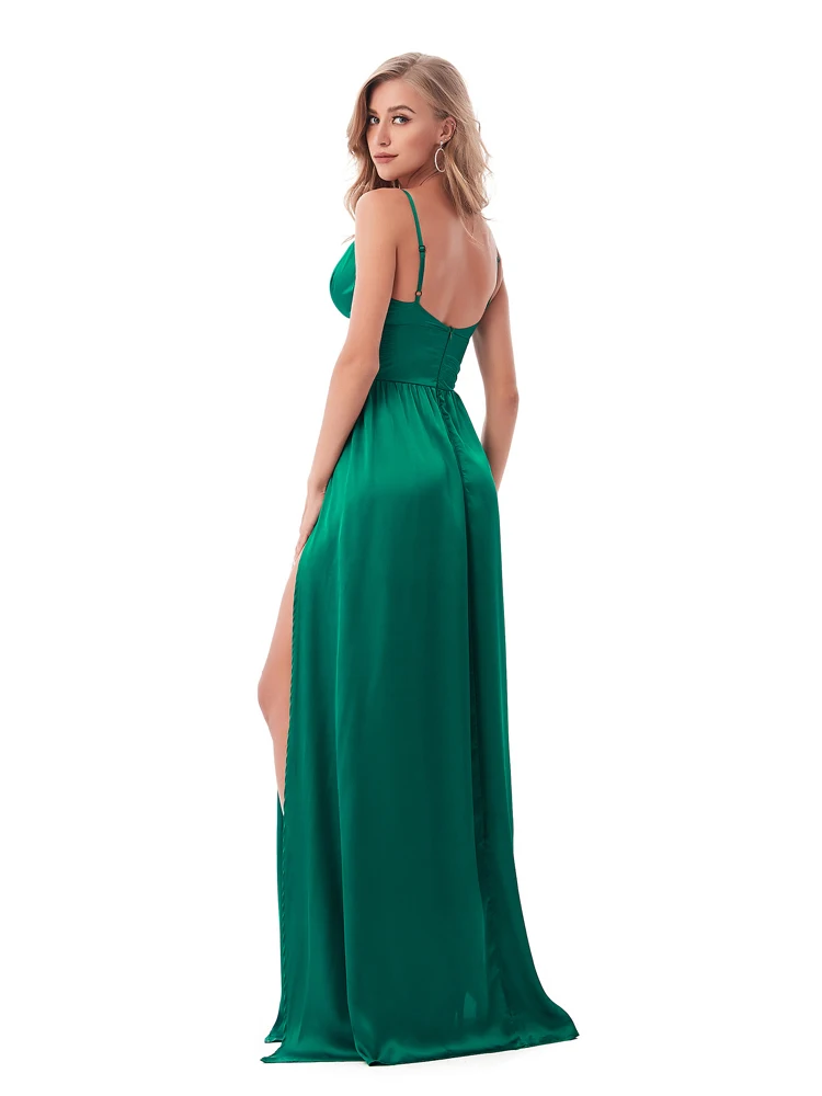 Зеленое красное сатиновое платье с v-образным вырезом, 2 раскола, вечерние платья с открытой спиной, сексуальное платье макси, Имперское длинное платье без рукавов для ночного клуба