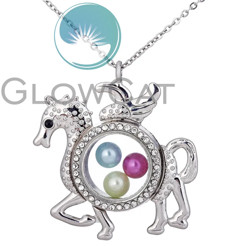 

Flying Horse Unicorn Living Memory Floating Locket Necklace 8mm Pearl Cage Glass Photo Magnetic Rhinestone Pendant Necklace