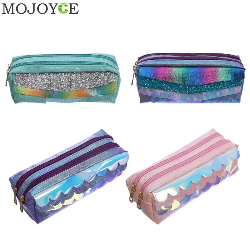 

Girls Casual Laser Litchi Pattern Makeup Cosmetic Bag Women Portable PU Leather Pen Bag Clutch Large Capacity Pen Zipper Handbag