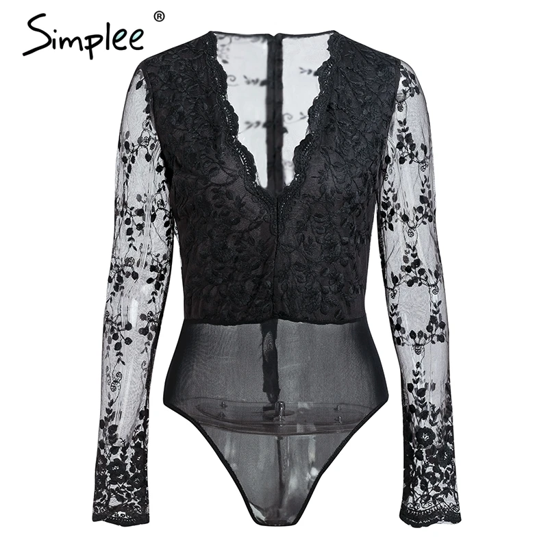 Simplee V neck sexy lace bodysuit women Long sleeve slim sheer bodysuit jumpsuit Summer transparent tulle white thong bodysuit Simplee V neck sexy lace bodysuit women Long sleeve slim sheer bodysuit jumpsuit Summer transparent tulle white thong bodysuit