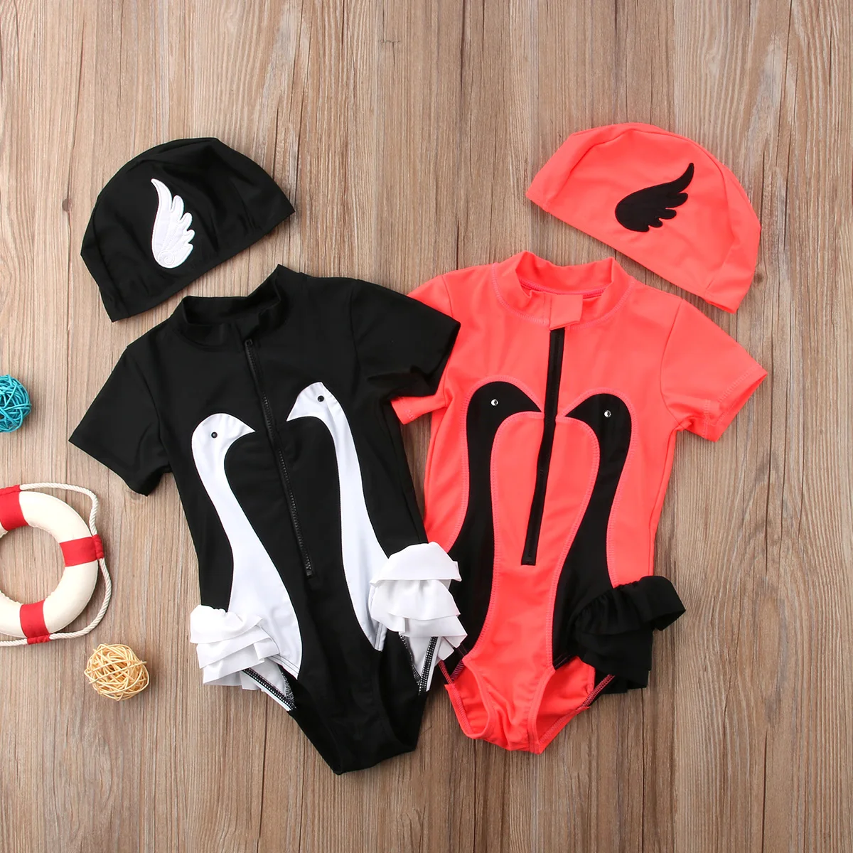 

Cartoon Baby Girls Swimwear One Piece Swimsuit Baby Bathing Suit 2PCS Set Swan Pattern Zipper One Piece Swimwear + Swimming Cap