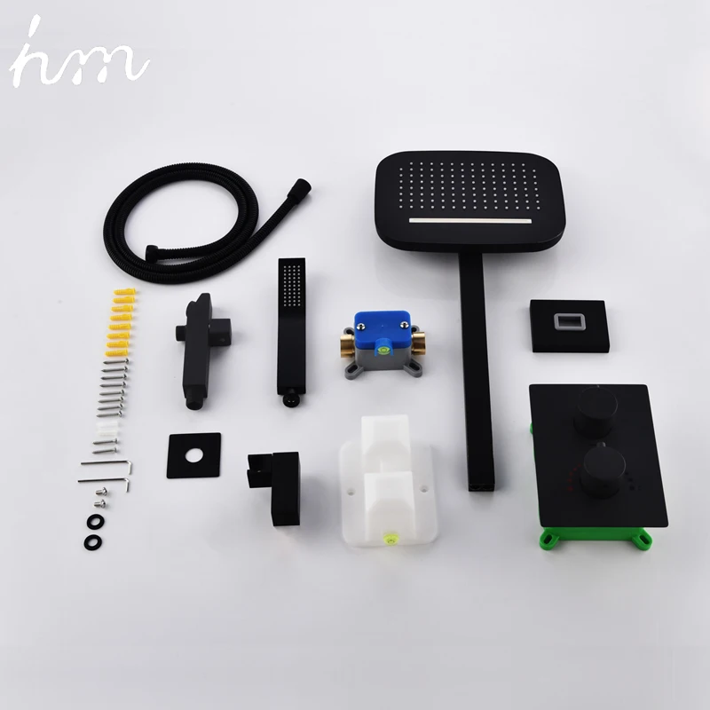 hm Black Shower Set Waterfall Rain Showerhead Panel Brass Bathroom Thermostatic Diverter Mixer Faucet Wall Mounted System
