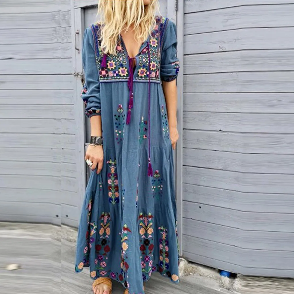 

Women Plus Size V Neck Print Lace Up Long Sleeve Boho Dress Party Maxi Dress robe longue femme ete 2019