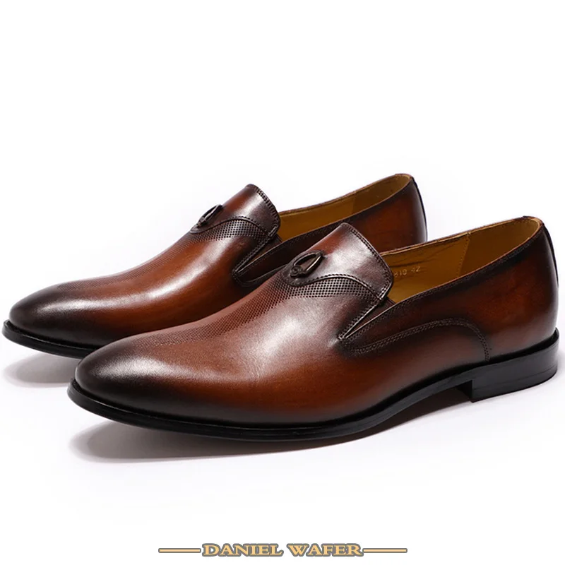 

Luxury Genuine Leather Men Shoes Office Wedding Dress Brown Black Hand Painted Metal Decorate Men Casual shoes Loafers Men