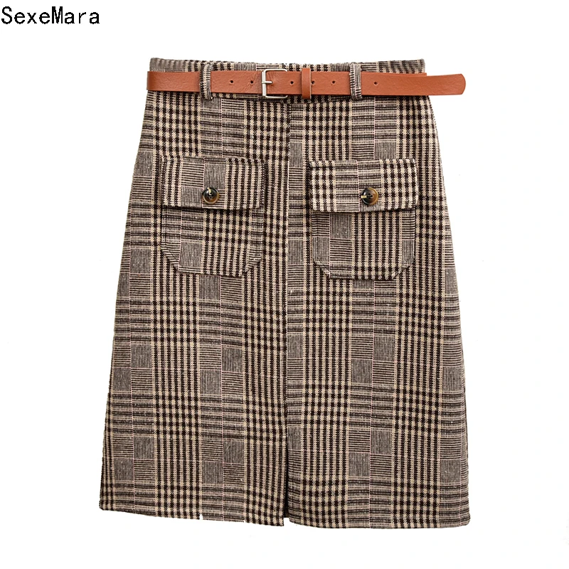 

Split Plaid Saias Winter Skirt For Women 2017 Plus Size Fashion High Waist Wool Blend Skirt With Belt YE24