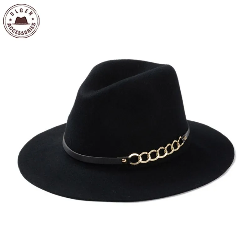 New fashion black fedora hats for men Pure Wool Large brim Winter red
