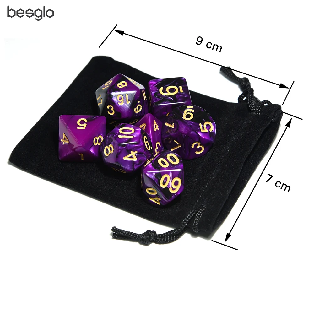 Фиолетовые и черные многогранные кости с золотым номером с мешочком D4 D6 D8 D10 D% D12 D20 для ролевых игр DnD