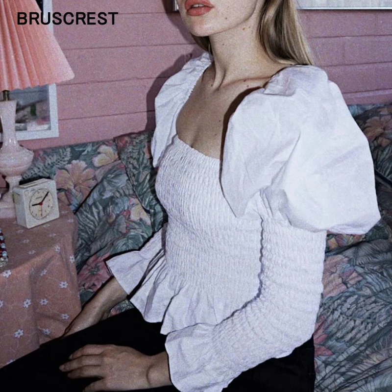 

Ladies Off Shoulder Top Women Vintage Square Neck Korean Tunic Ruffle White Blouse Puff Sleeve Shirt Blusas Streetwear Summer
