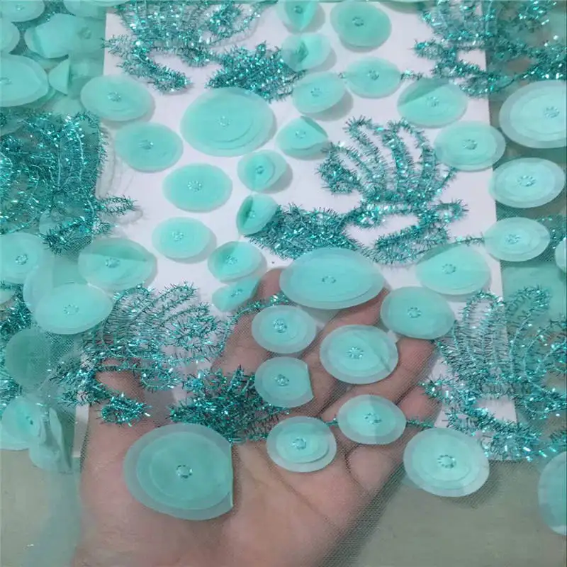 

African design 3D rounds Laces Fabric with beads teal green french net lace fabric for ladies dress making