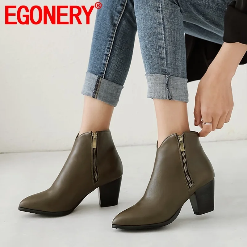 

EGONERY woman shoes 2019 winter new fashion sexy pointed toe office ankle boots outside high heels zip ladies shoes size 32-45