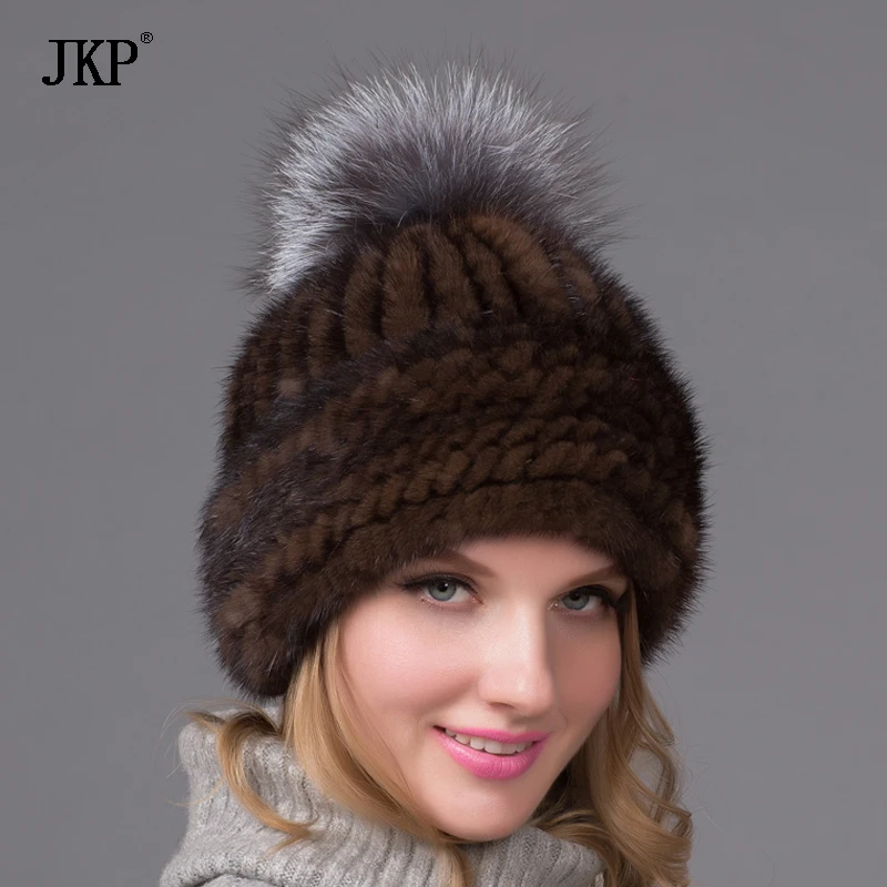 Женская зимняя норковая меховая шапка, настоящая вязаная норковая шапка из меха серебристой лисы, Женская русская теплая шапка, женская меховая шапка