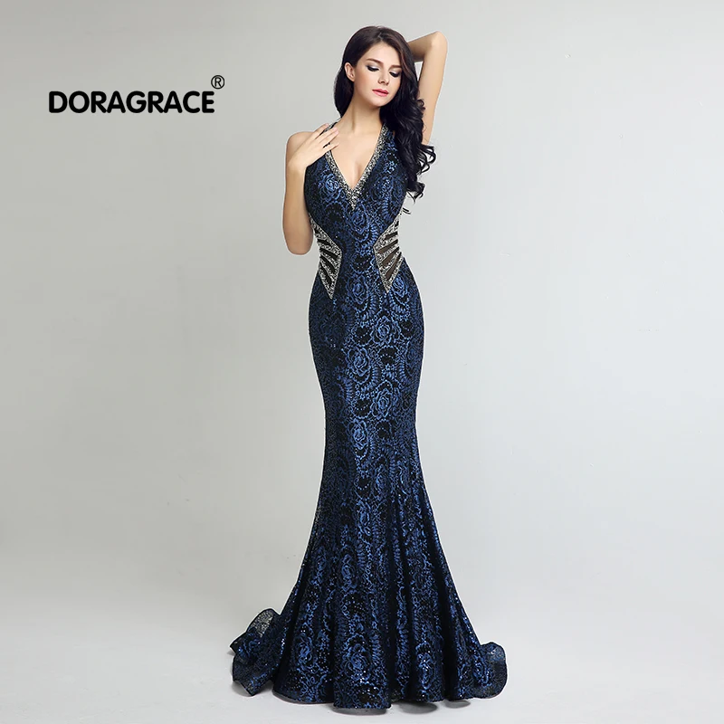 

Doragrace Real Photo V Neck Lace Evening Dresses Mermaid Evening Gowns Beaded Prom Gowns Black