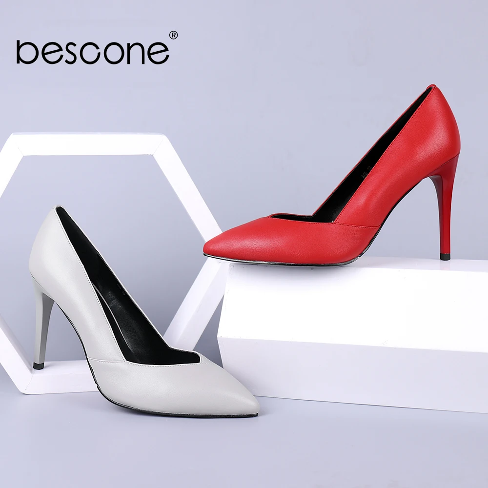 BESCONE Red Wedding Pumps Hot Sale Supper High Thin Heels Pointed Toe Sexy Female Shoes Quality Genuine Leather Lady Pumps A45