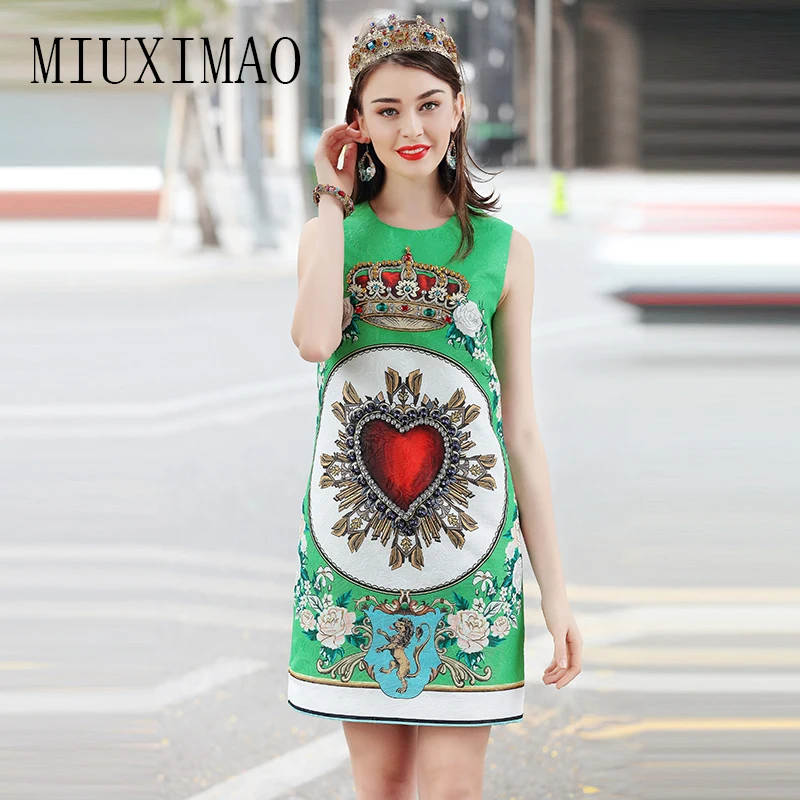 

2018 Spring Latest A-Line O-Neck Sleeveless Print Floral Printed Diamonds Casual Elegant Above Knee Dress Women