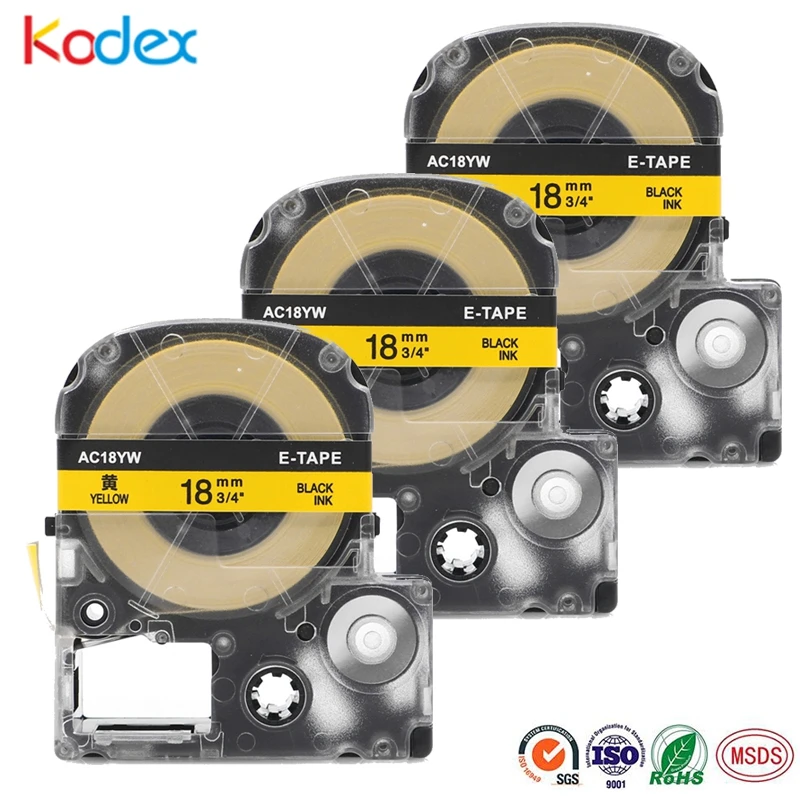 Кассета Kodex SC18YW совместимая с EPSON и KINGJIM 3 шт. лента для этикеток LC-5YBW 18 мм черная на