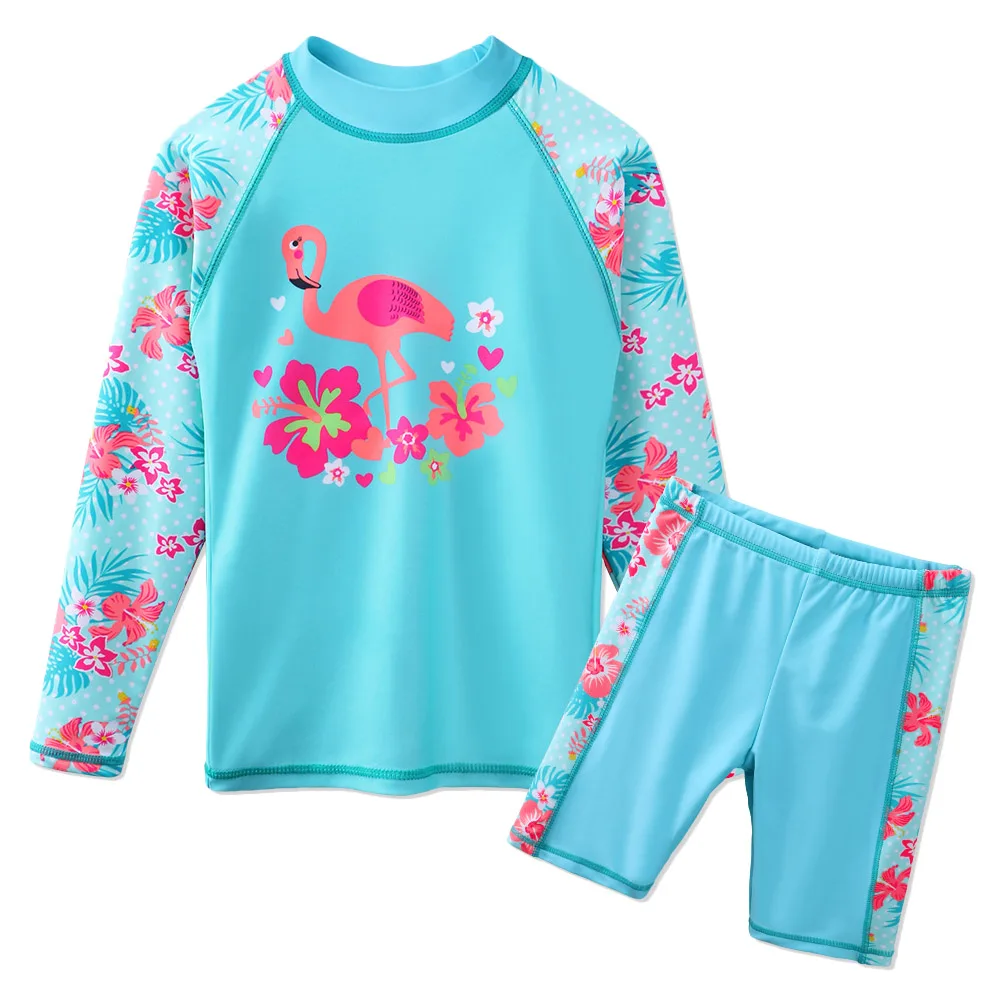 

BAOHULU Cyan Print Children Swimwear Long Sleeve Swimsuit Kids Girls Summer Swimming Suits Top Shorts Two Piece BeachWear Child