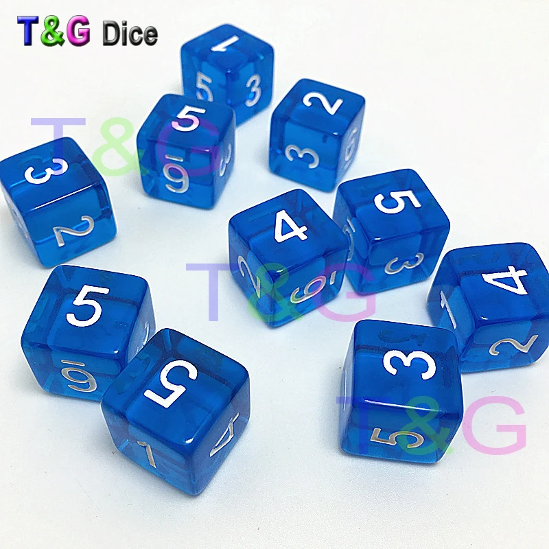 Hop Sales 10pcs/lot 16mm 6 colors transparent colored digital d6 dice,number 1-6 mtg poker,board game dice