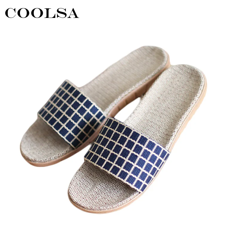 

Coolsa New Summer Men Indoor Flip Flops Hemp Linen slipper Flax Plaid Fabric Slides Flat Non Slip Unisex Man Casual Beach Shoes
