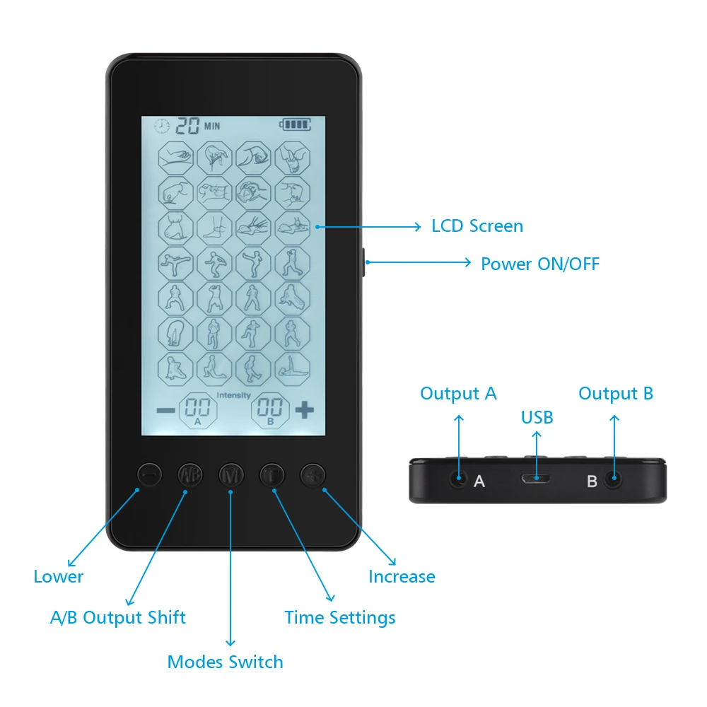Стимуляция Мышц 10 блок 28 режимов-Электрический массаж облегчение боли Регулируемый легкий ЖК-дисплей черный Компактный