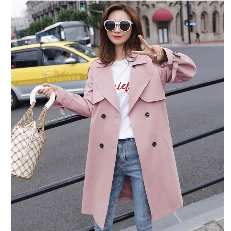 Printemps Manteau Long Blue De khaki pink Mode vent À Double Trench Green Coupe Light Boutonnage Décontracté Kaki Hauts Britannique coat Automne army Femmes Étudiant 2019 Style CdoBxWer