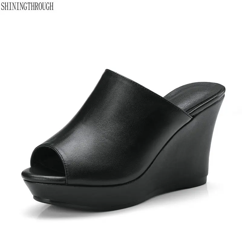 

New wedges high heels platform women slipper cow leather women sandals black white ladies party shoes woman large size 41