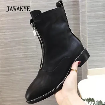 

2018 Rivet Ankle Boots Woman Round Toe Front Zipper Flat Boots Women Real Leather Fashion Martin Boots