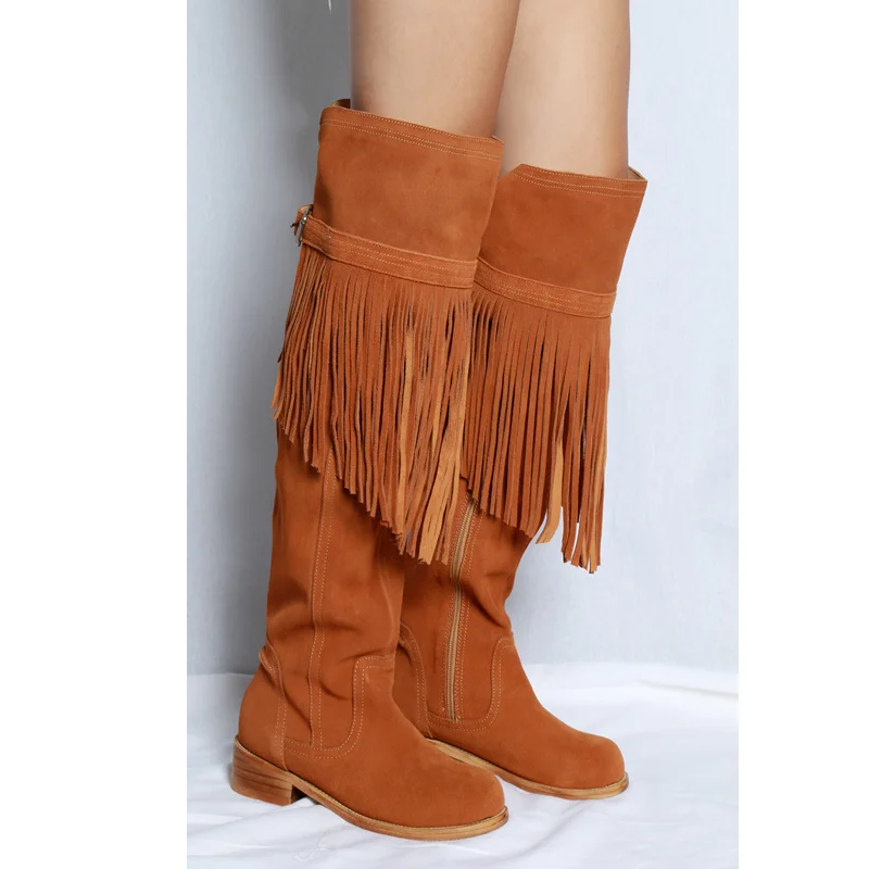 Fringe Embellished Chaussures Femmes Cow Suede Women Shoes Long Booties