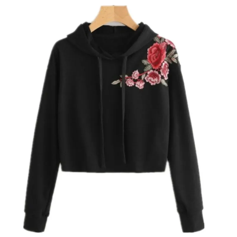 

Flower Embroidery Women Pullovers Autumn Winter Short Sweatshirt Hooded Loose Female Coat Full Sleeves Crop Tops Retro Red Black