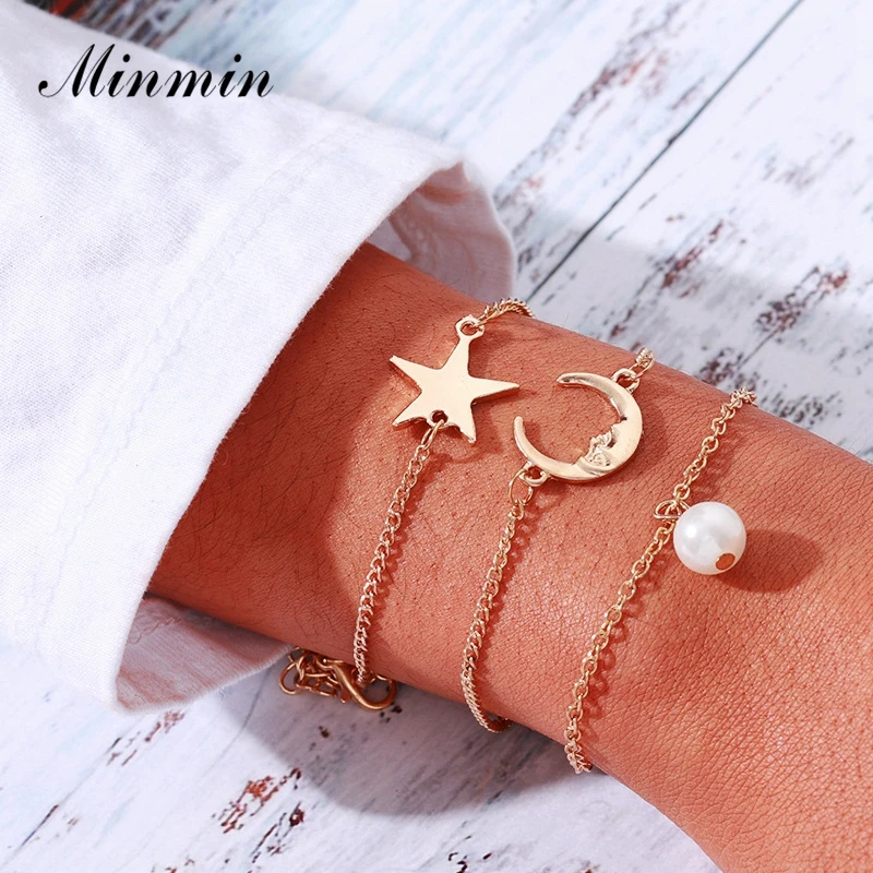 

Minmin 3Pcs/Set Retro Moon Star Charm Bracelets for Women Simple Gold Metal Simulated Pearl Pendant Bracelets Set Jewelry MSL387