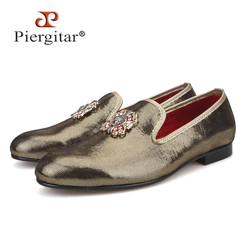 PIERGITAR 2018 new handmade men gold PU shoes with gold cross Charm Party and wedding men dress shoes Plus size men's loafers