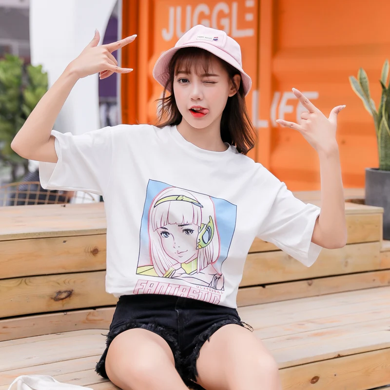 

Kawaii Women T-shirt Ulzzang Summer Short Sleeve T shirt Japan Harajuku Cartoon Tops Tee Preppy Tshirt