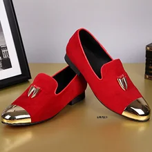 Модные Повседневное мужская кожаная обувь роскошные Vogue красный свадебные туфли продажи металла круглый носок замши Лоферы для женщин слипоны Туфли без каблуков Мужская обувь