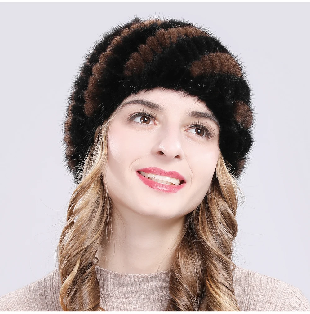 Hot Sale Winter Real Mink Fur Hat Women Good Elastic Knit Real Natural Mink Fur Beanies Hats Lady Real Mink Fur Thick Warm Cap