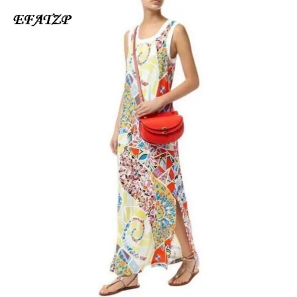 

New 2016 summer Designer Runway Dress Women's Sleeveless Elegant Geometry Printed Plus Size XXL Maxi Long Casual Dress