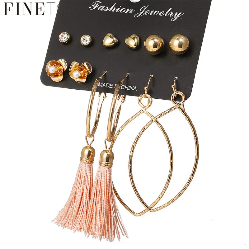 

Gold Color Mixed Geometric Heart Flower Small Earrings Set Bohemian Oval Hoops Circle Fringe Tassel Earrings for Women Girls