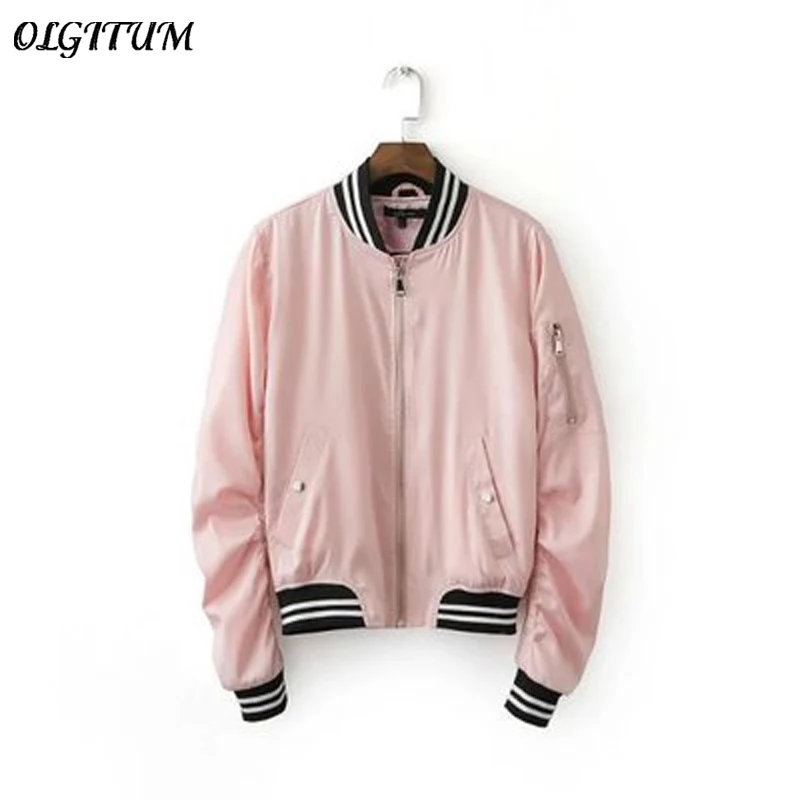 

2019 ThinBomber Jacket Coat Pilots Outerwear Pink color Pink Jacket New Women Spliced Knitted V neck Cuff s m l
