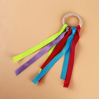 

Multicolor Ribbon Baby Toy Rainbow Streamers Wooden Ring Waldorf Ribbon With Bell Hand Kite Toys Streamers Kids Sports Toy
