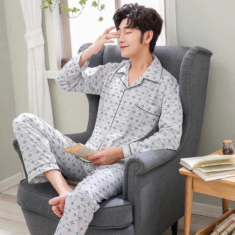 High Quality Cotton Long Sleeve Men Pajama Sets Cardigan Casual