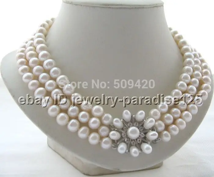 

Free Shipping3row 9-10mm natural white round freshwater pearl necklace