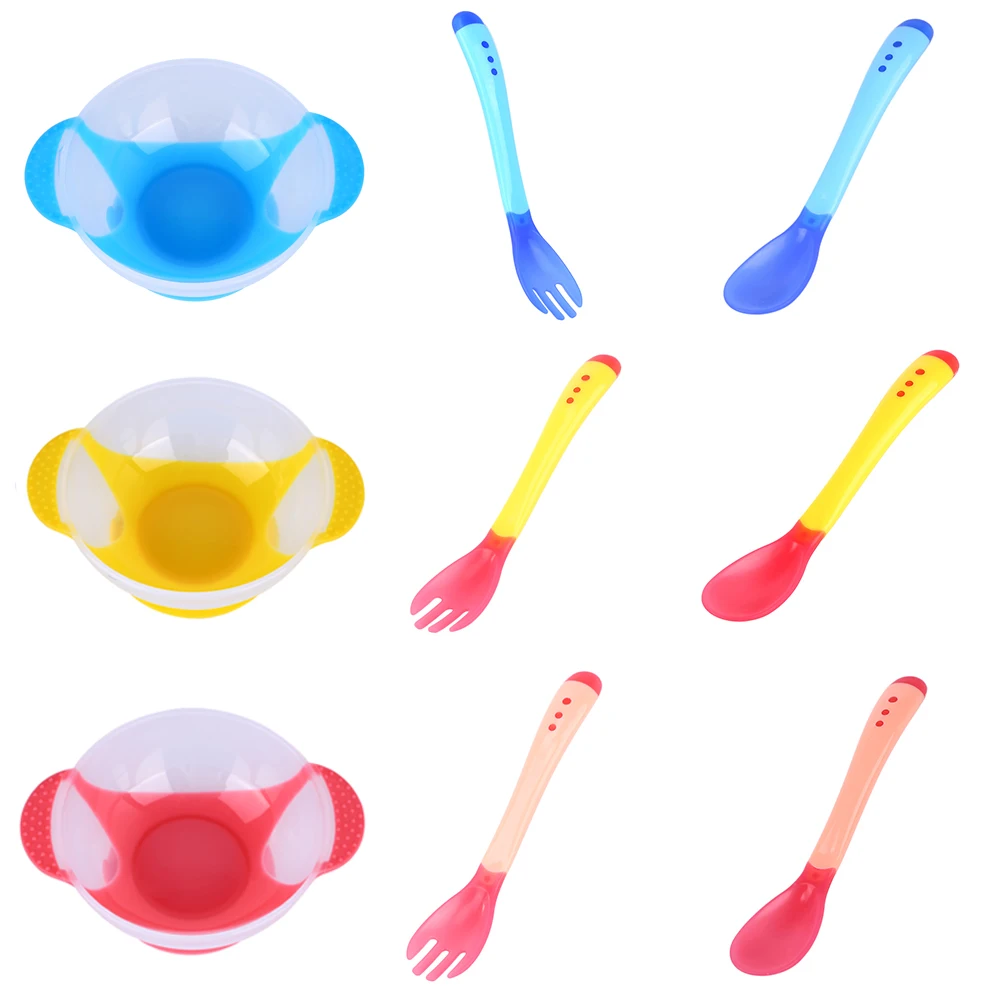 

1Pcs Infant Sensing Temperature Sucker Bowl Fork Spoon Tableware baby Solid Feeding Dishes dinnerware Set Baby Stuff Baby Food