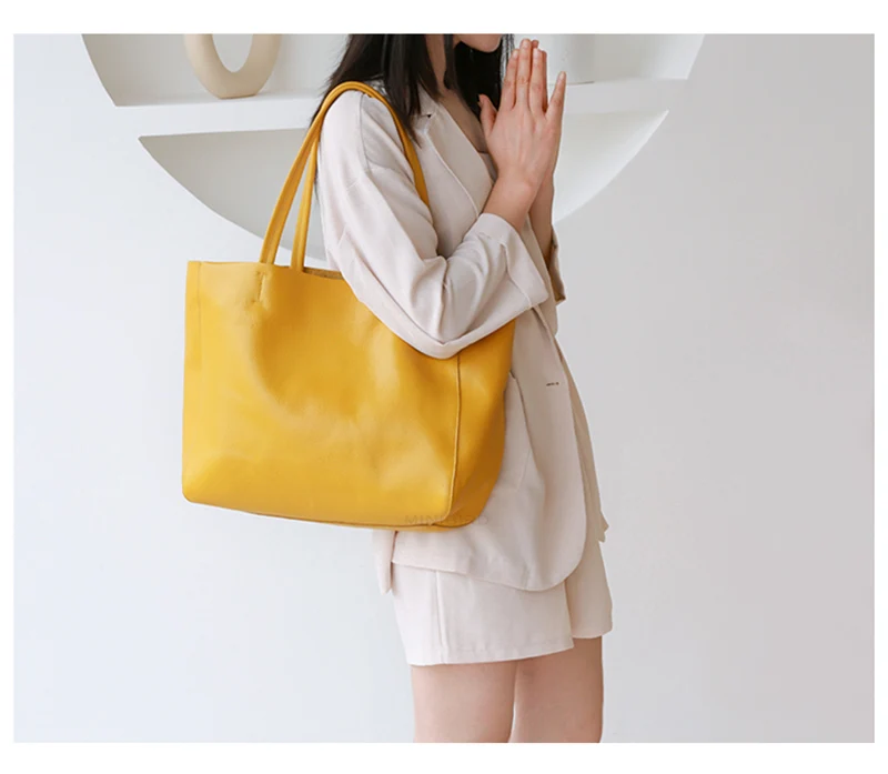 Women Luxury Bag Casual Tote Female Lemon Yellow Fashion Shoulder Handbag Lady Cowhide Genuine Leather Shoulder Shopping Bag