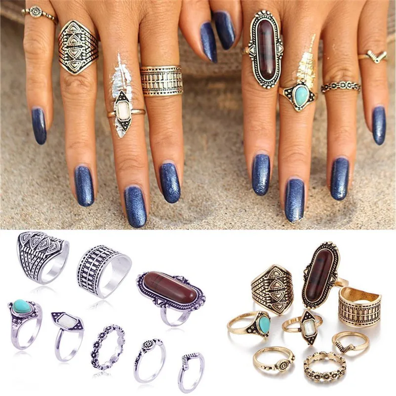 New Arrival Fashion Vintage Women's Boho Crystal Flower Knuckle Ring Tibetan Turkish Rings for women midi rings Ring Set J13#N (12)