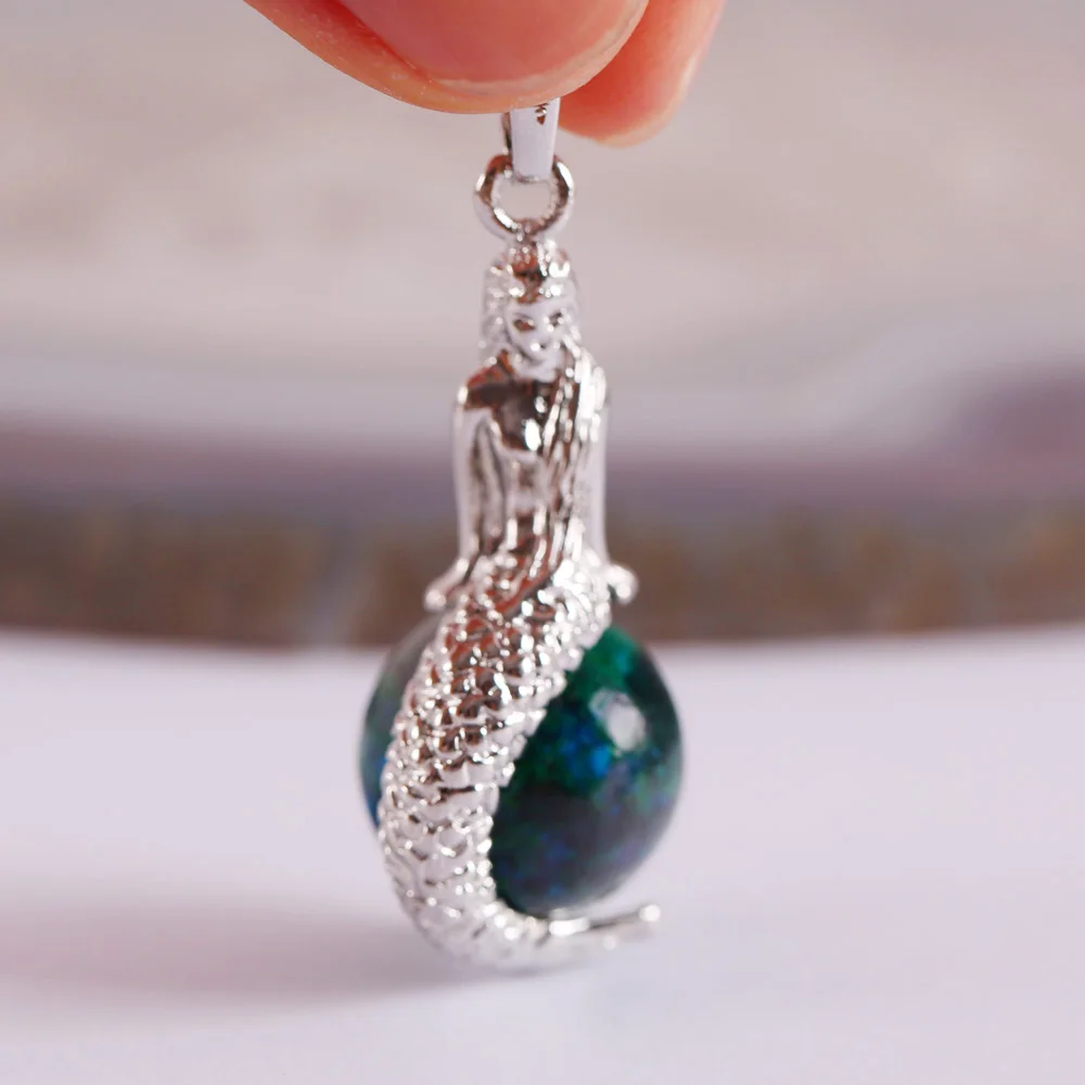 

Free Shipping For Necklace Natural Stone 16mm Round Blue Brazilian Azurite Bead Mermaid Pendant 1Pcs K1892