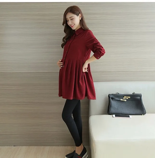 3 Color Formal Office Maternity Dresses for Women Autumn Spring Lapel Corduroy Pregnancy Clothes for Pregnant Women