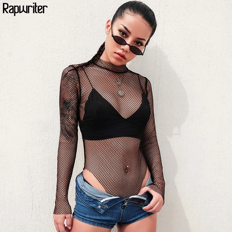 

Rapwriter Sexy See Through Fishnet Bodysuit Black Skinny Bodysuits Women 2018 One Piece Long Sleeve Bodycon Open Crotch Bodysuit