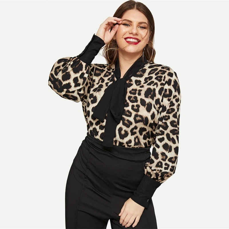 Sheinside размера плюс леопардовая блузка с завязками на шее Женские повседневные блузки с рукавом Бишоп элегантная рабочая одежда на пуговицах затягивающие манжеты Топы